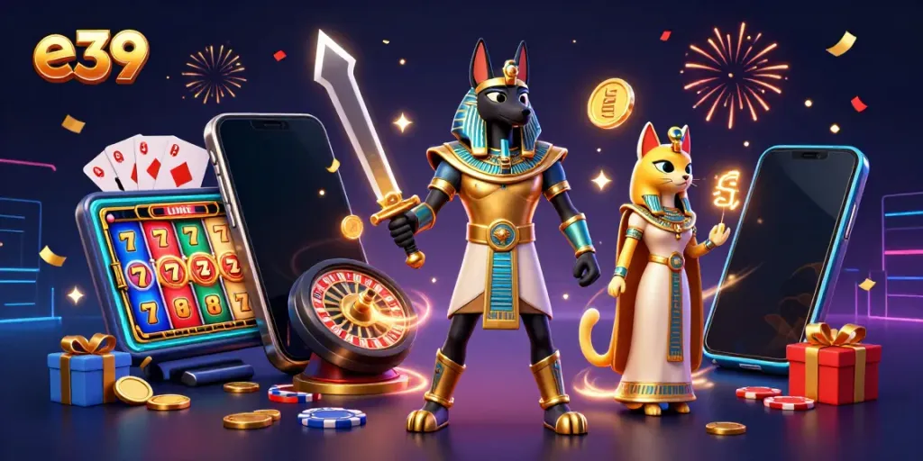 Join Anubis and Bastet in a vibrant e39 slot game adventure filled with golden jackpots and colorful festivities.