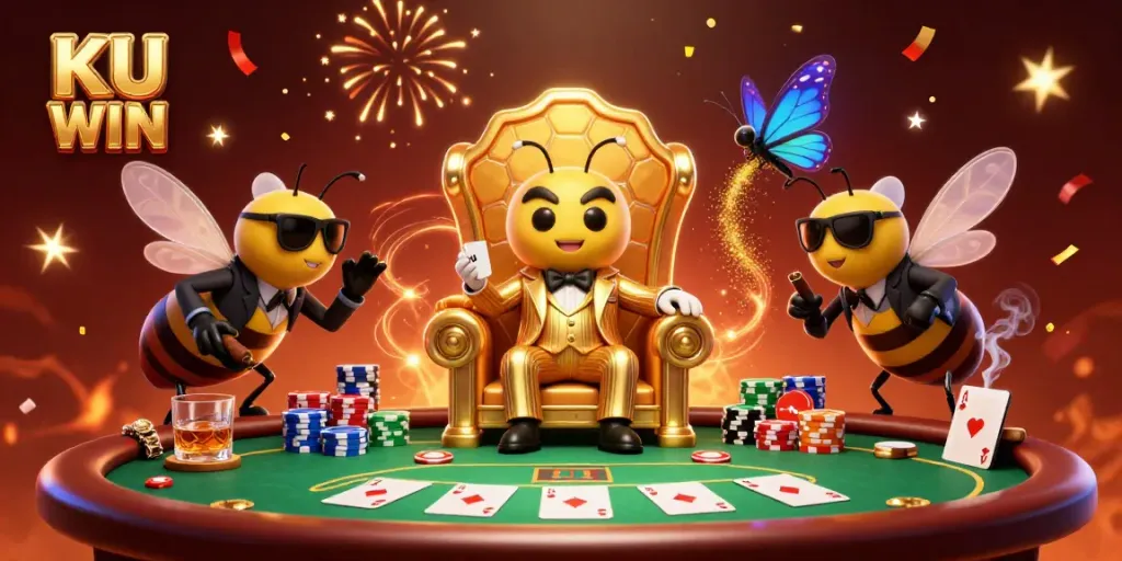 Engage with KU WIN's dynamic gaming atmosphere featuring a bumblebee mob boss and vibrant poker setup.