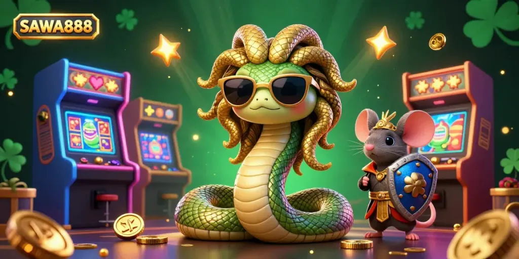 Experience fun gaming adventures at SAWA888 with a charming Medusa, a warrior mouse, and vivid casino elements.