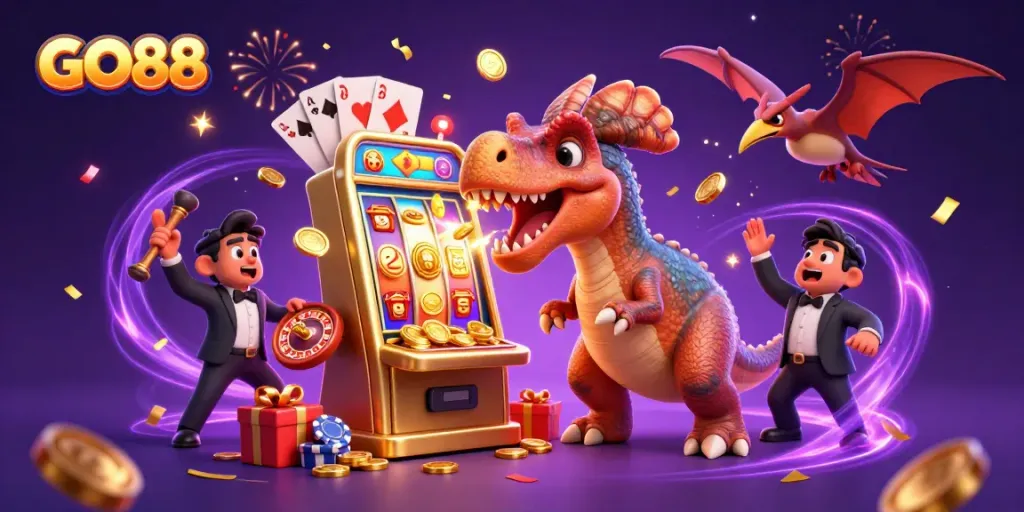 GO88's dynamic casino scene with dinosaurs, slot machines, and golden coins raining down.