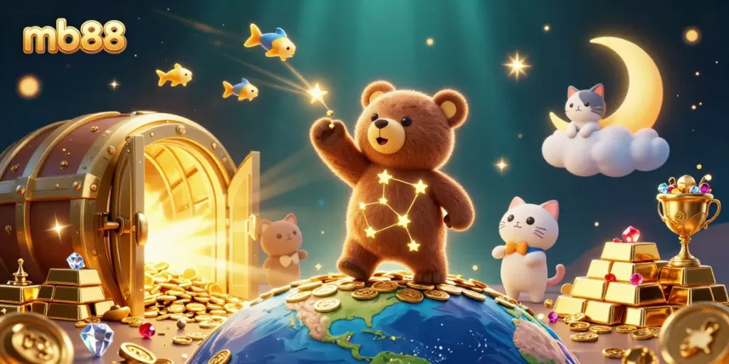 Experience exciting gameplay with mb88 as a constellation bear gathers riches and stars in a vibrant casino scene.