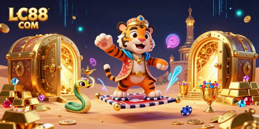 Engage in excitement with LC88 COM as a tiger sultan leads a vibrant casino adventure.