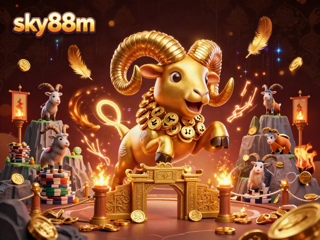 Sky88m showcases a golden ram surrounded by vibrant casino elements in an electrifying scene.