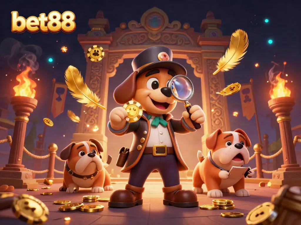 bet88 gaming scene with a detective bloodhound and bulldog exploring clues and treasures among colorful casino elements