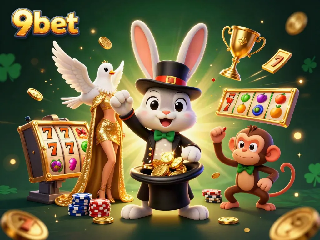 Experience the magic of 9bet with playful characters in a vibrant casino setting.