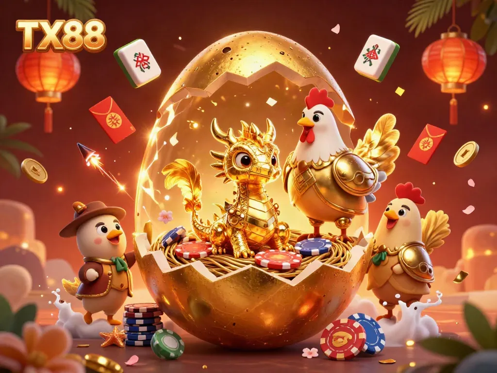 Experience thrilling winnings with TX88 as a golden dragon rises amidst vibrant casino elements.