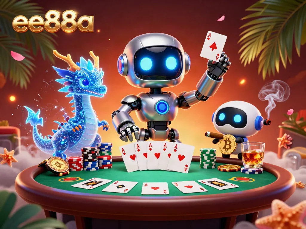 Engaging ee88a casino scene featuring a chrome robot, holographic AI dragon, poker elements, and vibrant ambiance.