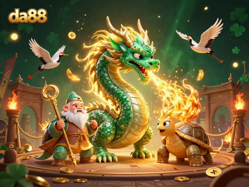 Win big at da88 with vibrant 3D casino elements featuring a jade dragon and dynamic characters.