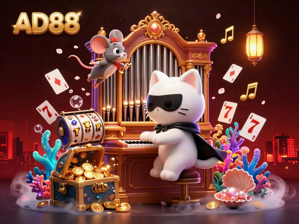 Experience gaming excitement at AD88 with a vibrant 3D casino scene full of dynamic action and treasures.