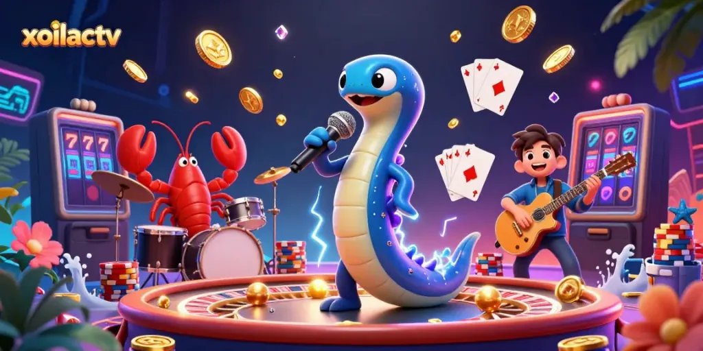 Experience the vibrant lively show at Xoilactv's underwater casino featuring electric eel DJ and dynamic game elements.