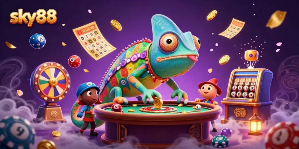 Sky88 chameleon casino owner catching golden coins with vibrant lottery elements in a dynamic scene.