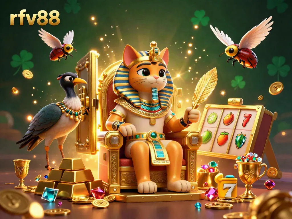 Experience vibrant gameplay with rfv88 as Pharaoh cat and scribe enhance casino thrills in 3D illustration.