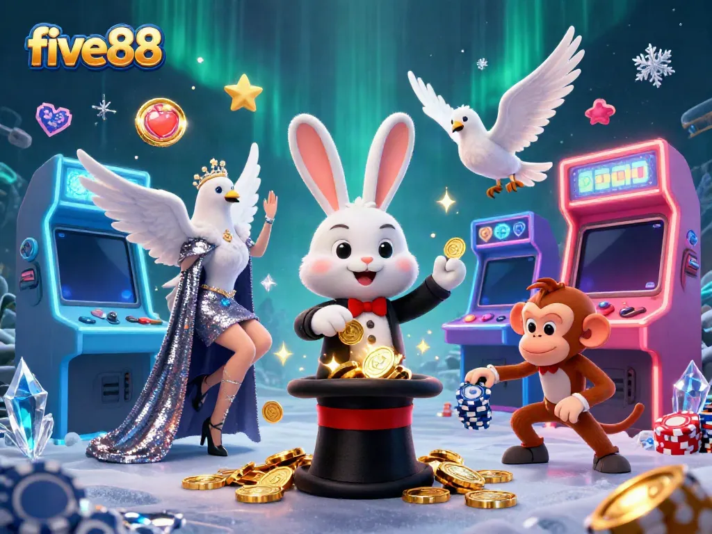 Experience the magic of five88 with cartoon characters in a vibrant casino scene, capturing thrilling gameplay.