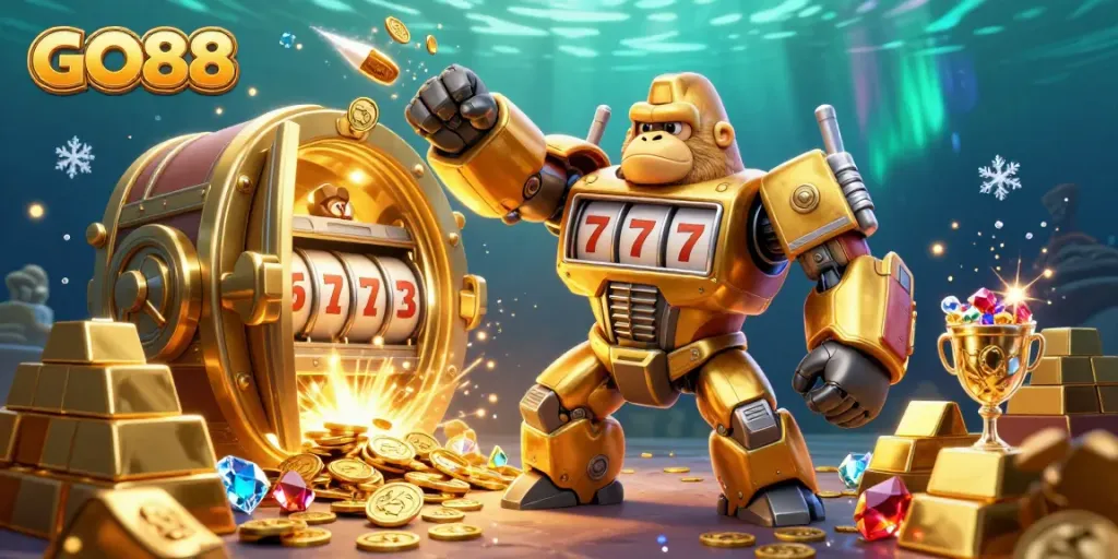 Experience thrilling gameplay with GO88 as golden treasures and a golden gorilla mech collide in action.