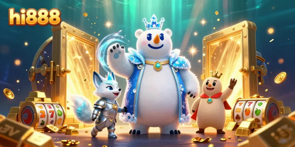 Experience the excitement of hi888 in this vibrant casino-themed illustration featuring a polar bear and snow fox among slot machines.