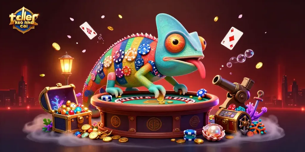 Engage with ty le keo nha cai through dynamic casino scenes featuring a colorful chameleon owner and betting action.