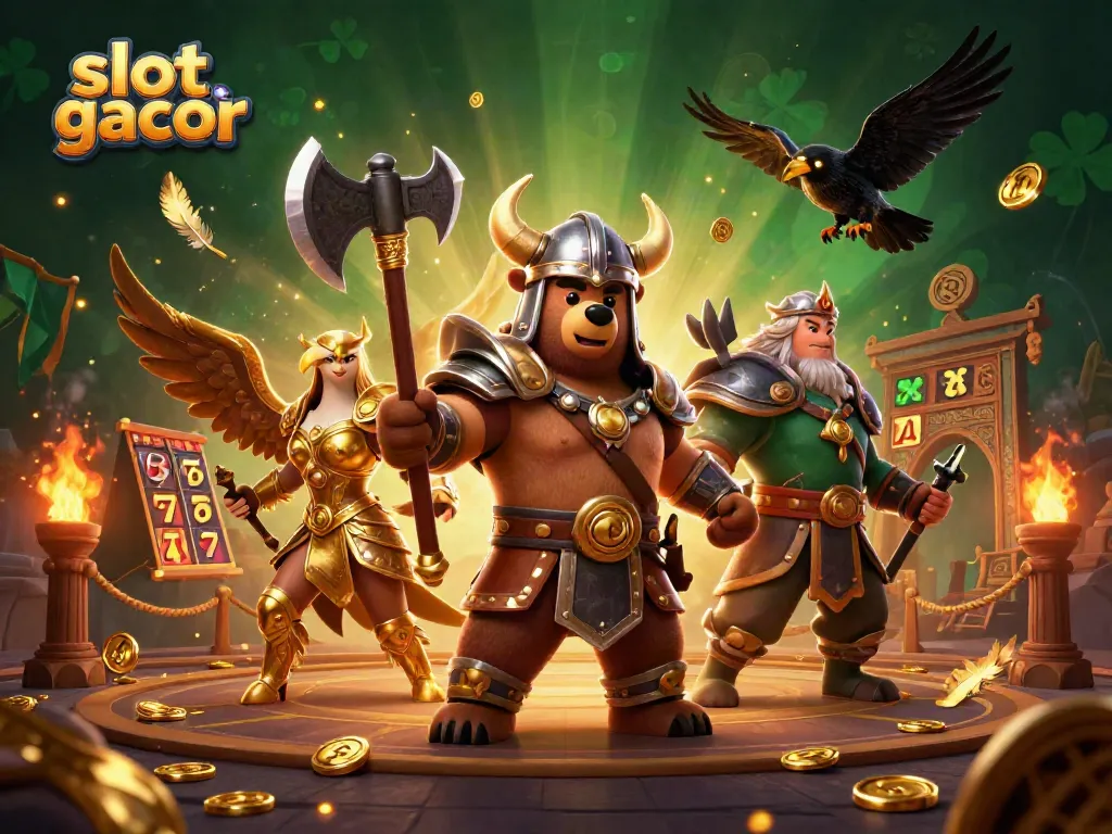 Slot gacor menampilkan berbagai simbol jackpot dengan latar belakang keceriaan kasino.