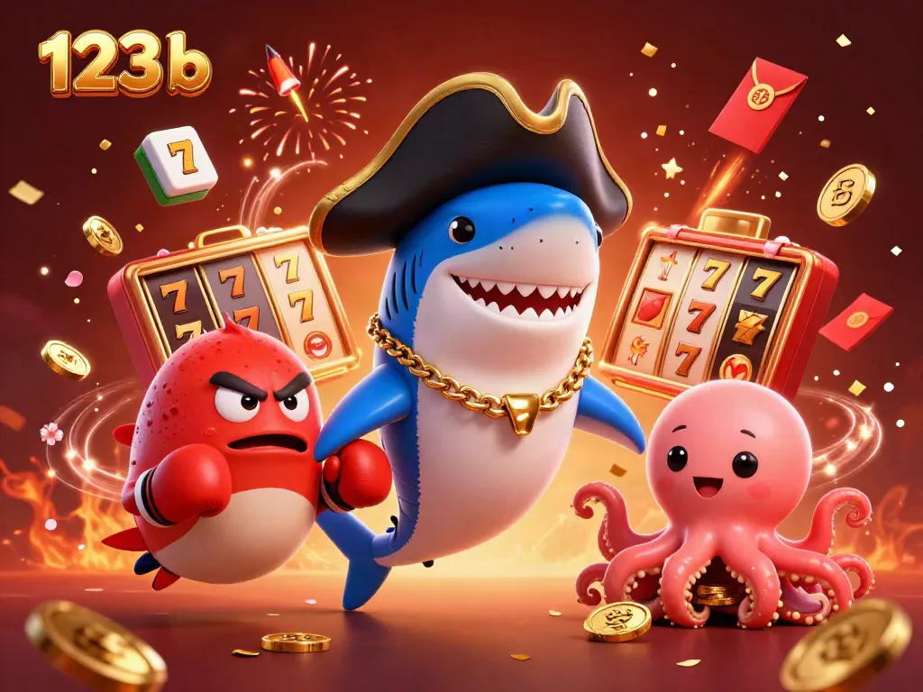 Engage with 123 b's exciting slots through vibrant 3D characters including a pirate shark and octopus.
