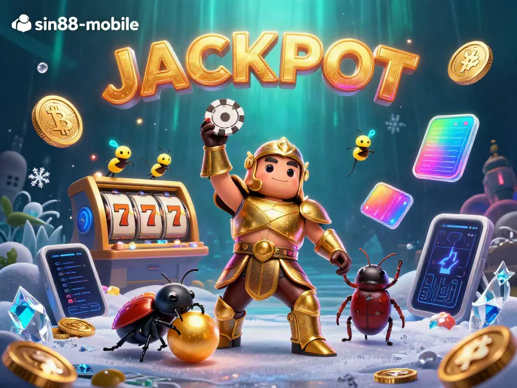 Experience the excitement of sin88-mobile with a 3D beetle champion lifting a poker chip amidst casino elements.