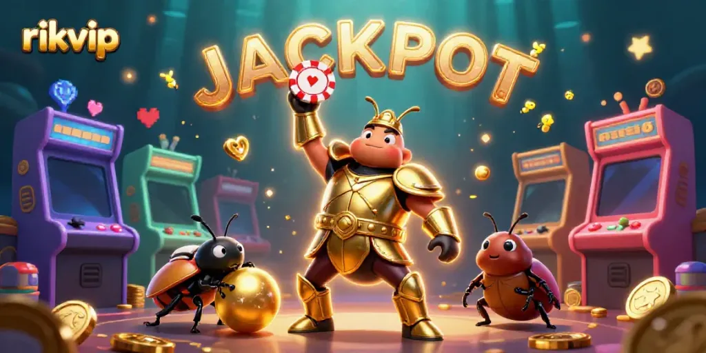 Play with luck at rikvip, where a victorious beetle reveals a jackpot amidst a vibrant gaming world.