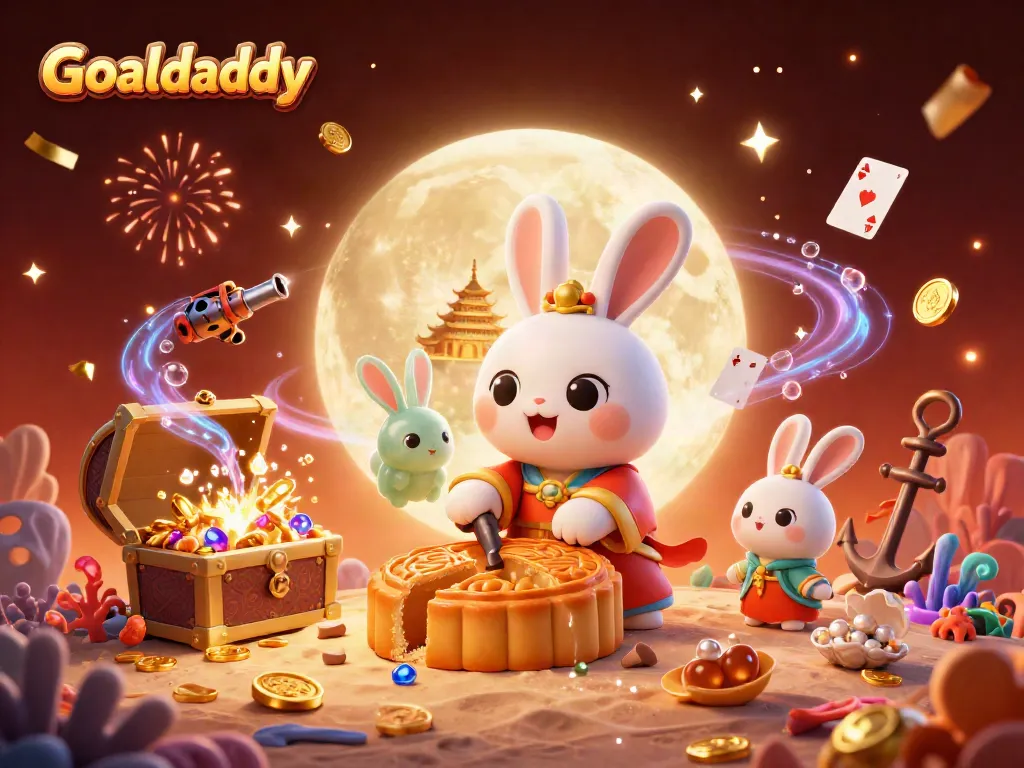 Goaldaddy showcases a vibrant 3D scene where a moon rabbit interacts with poker chips, symbolizing excitement in online gambling.