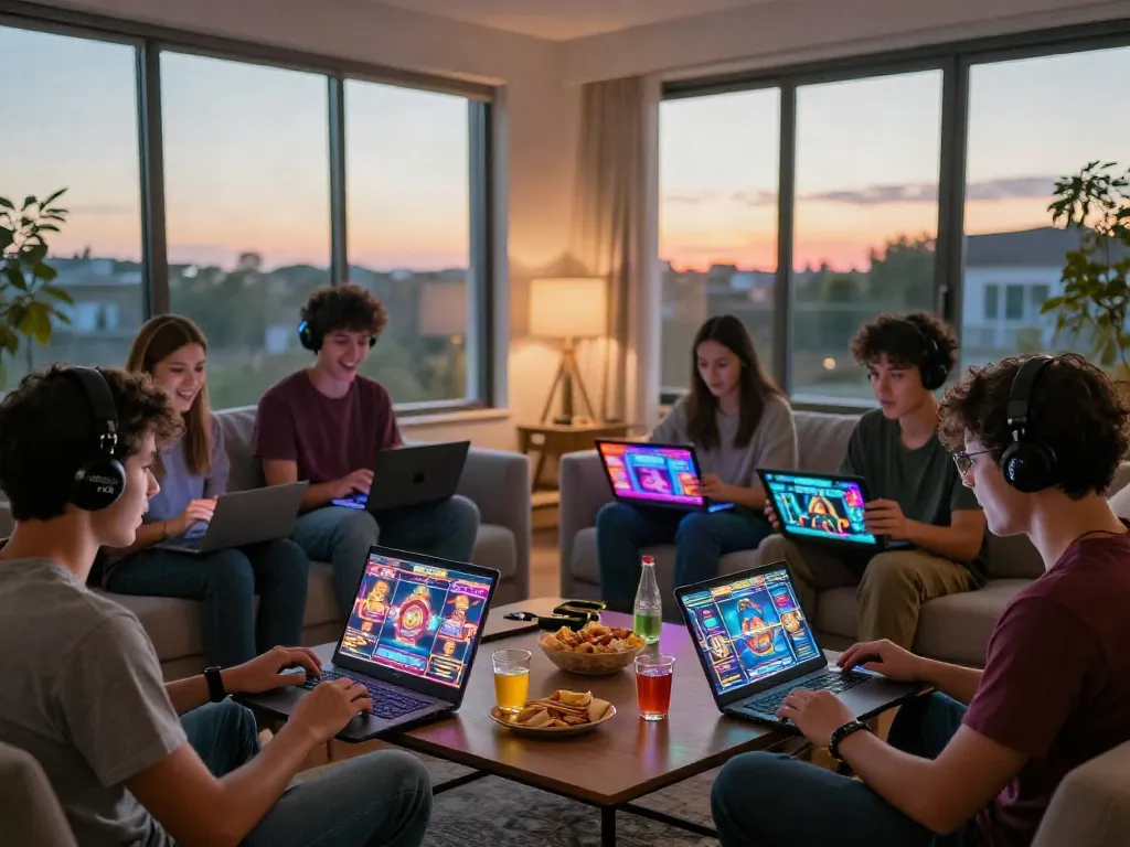 Friends enjoying online gaming with link slot gacor on multiple devices in a vibrant living room.