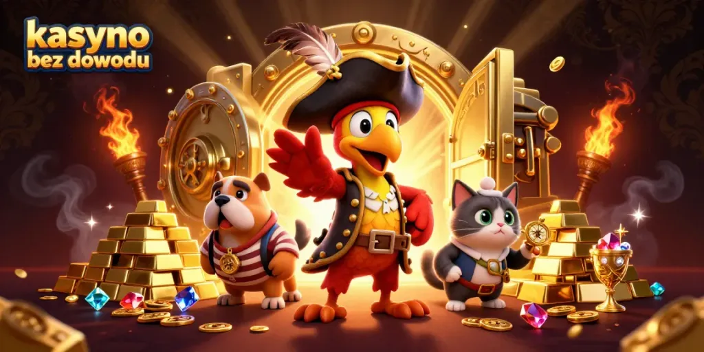 Experience the thrill of kasyno bez dowodu with vibrant characters and treasures in a 3D illustration.