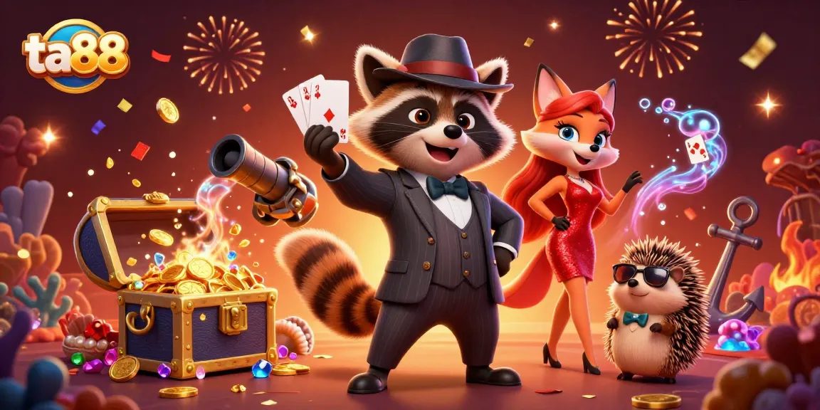 Experience thrilling wins at ta88 with a raccoon in a suit holding a royal flush, surrounded by casino treasures.