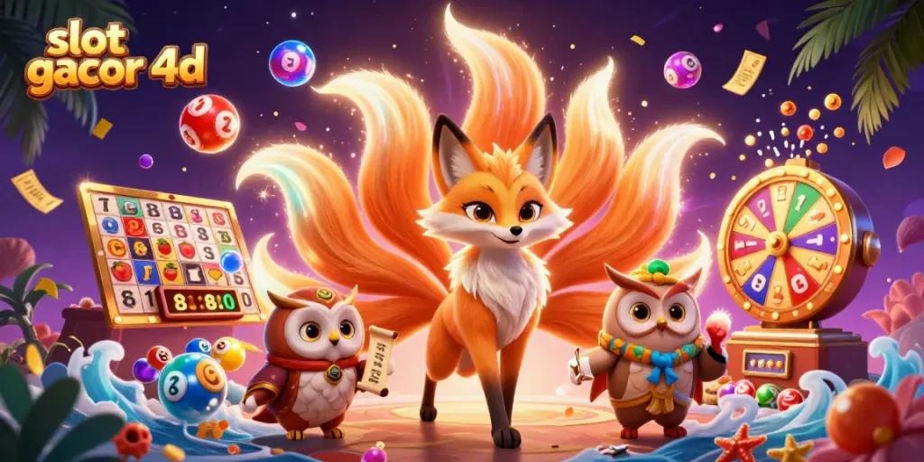 Menangkan slot gacor 4d dengan ilustrasi warna-warni karakter dan elemen permainan yang menarik.