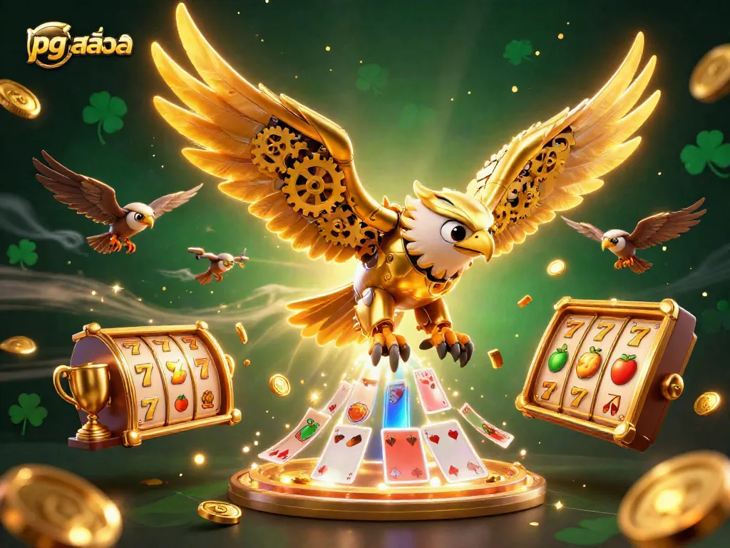 Experience exciting gameplay with pg สล็อต in this vibrant illustration featuring golden eagle and dynamic casino elements.