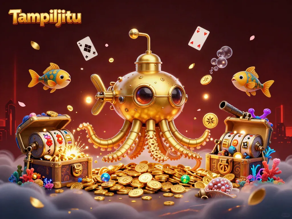 Tampiljitu Kraken submarine in an underwater casino scene with gold coins and lucky slot reels