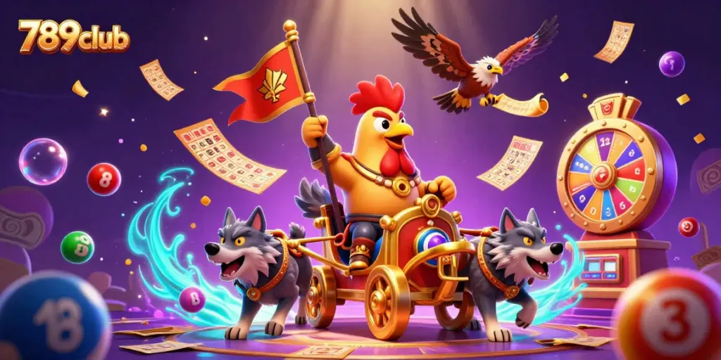 Experience thrilling gameplay at 789club with a vibrant scene of a rooster warlord and dynamic lottery elements.
