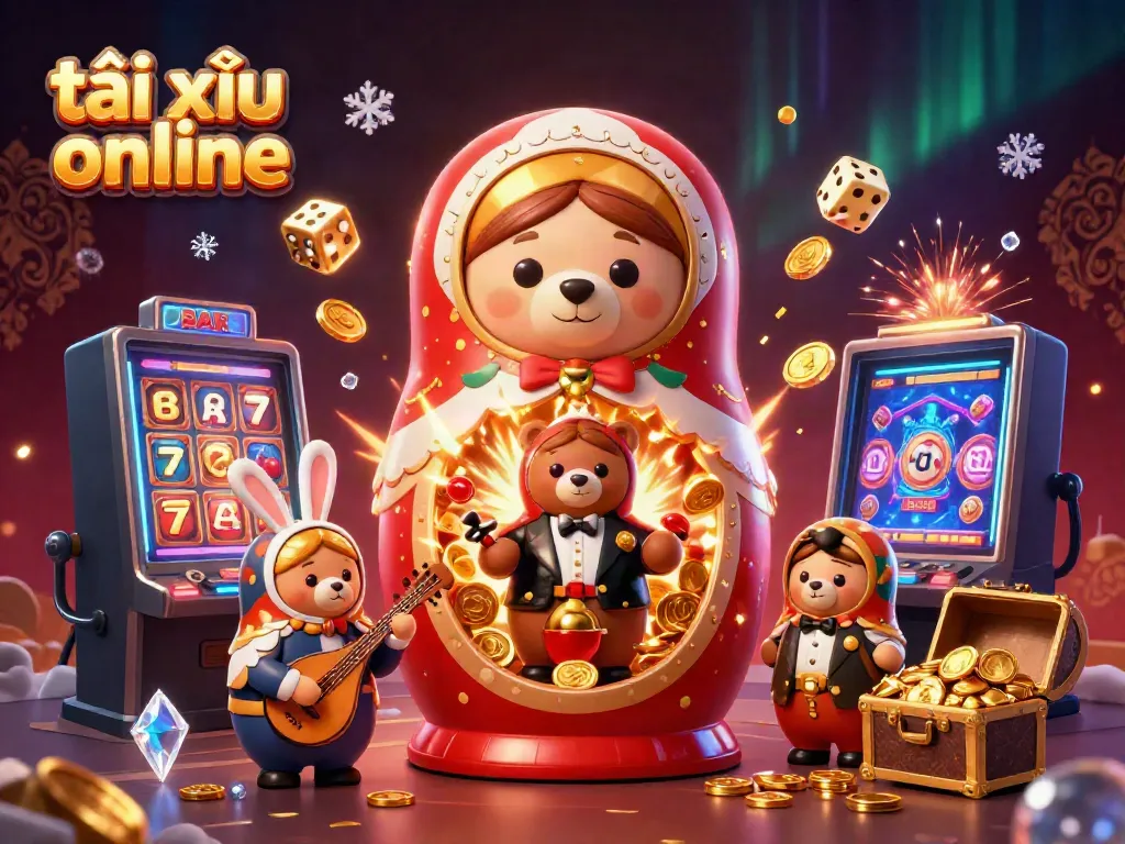 Experience the excitement of tài xỉu online with a vibrant scene of playful characters and casino elements.