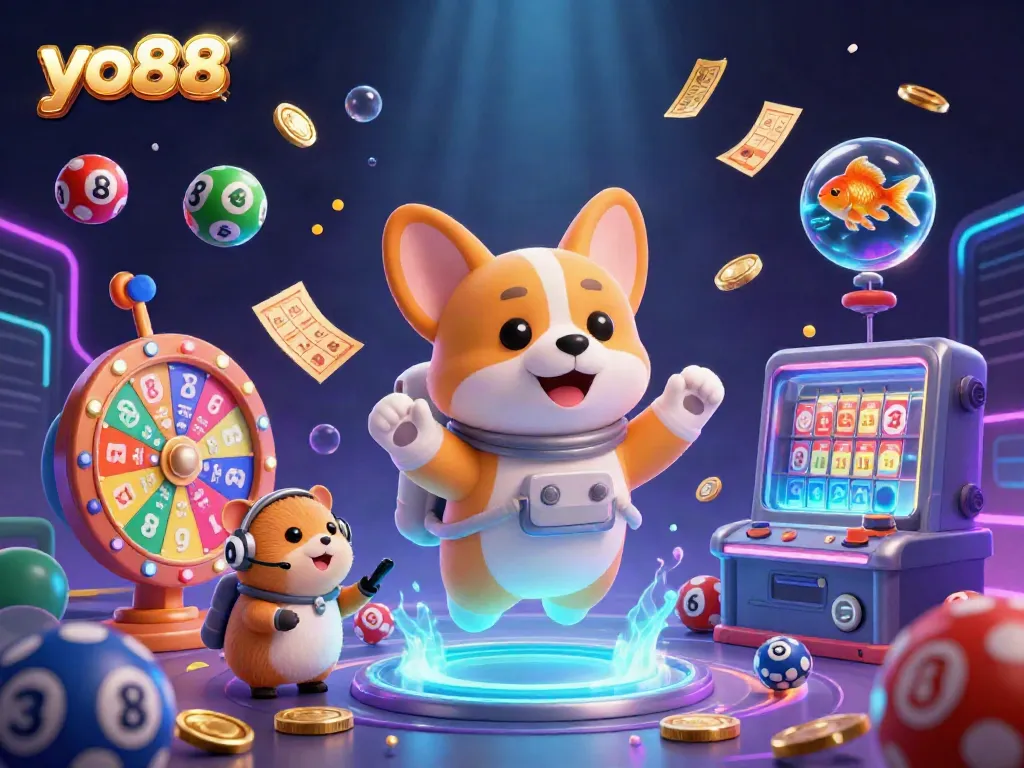 Spin a chance with yo88 in a vibrant 3D casino scene featuring animated characters and colorful gaming elements.