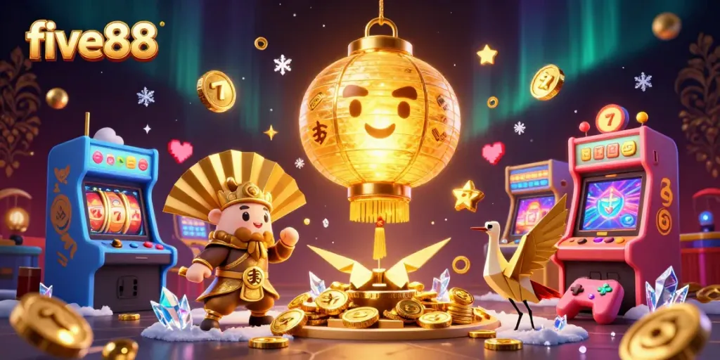 Immerse in five88's vibrant casino energy with golden lantern spirit, game machines, and lucky symbols.