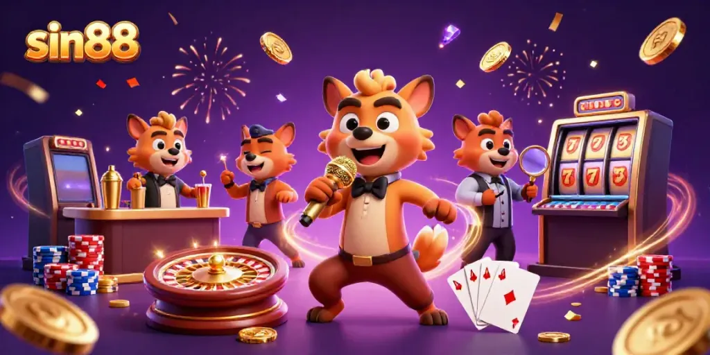 sin88 hyenas entertaining in a vibrant casino scene with gold coins, confetti, and gaming elements.