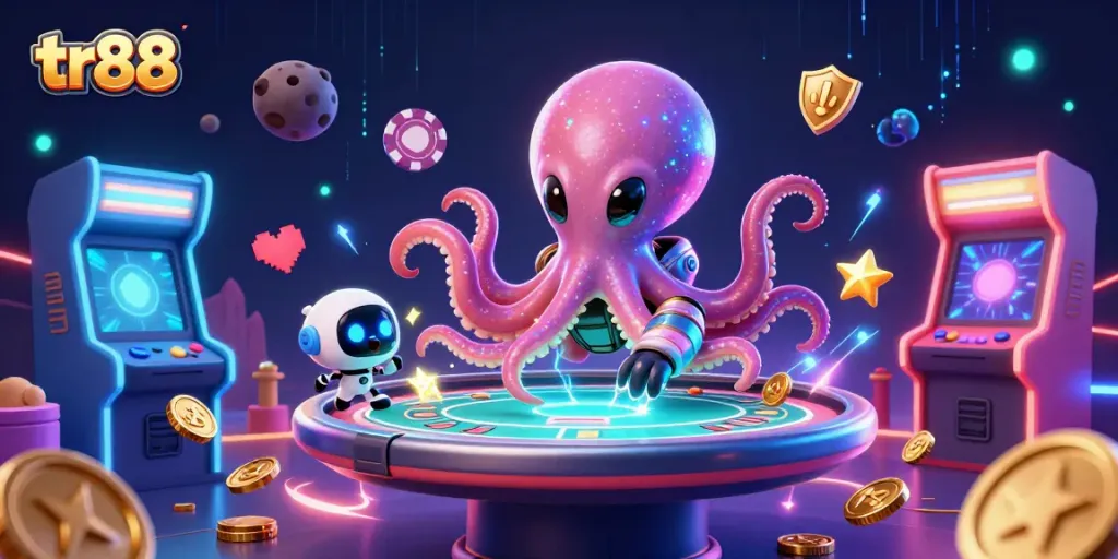 Place bets and win big with tr88 at the cosmic poker table run by an octopus in space.