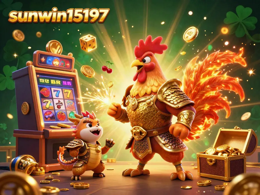 Engage with jackpots at sunwin15197, featuring a vibrant 3D scene of a rooster warrior and a dragon hatchling amidst dynamic casino elements.