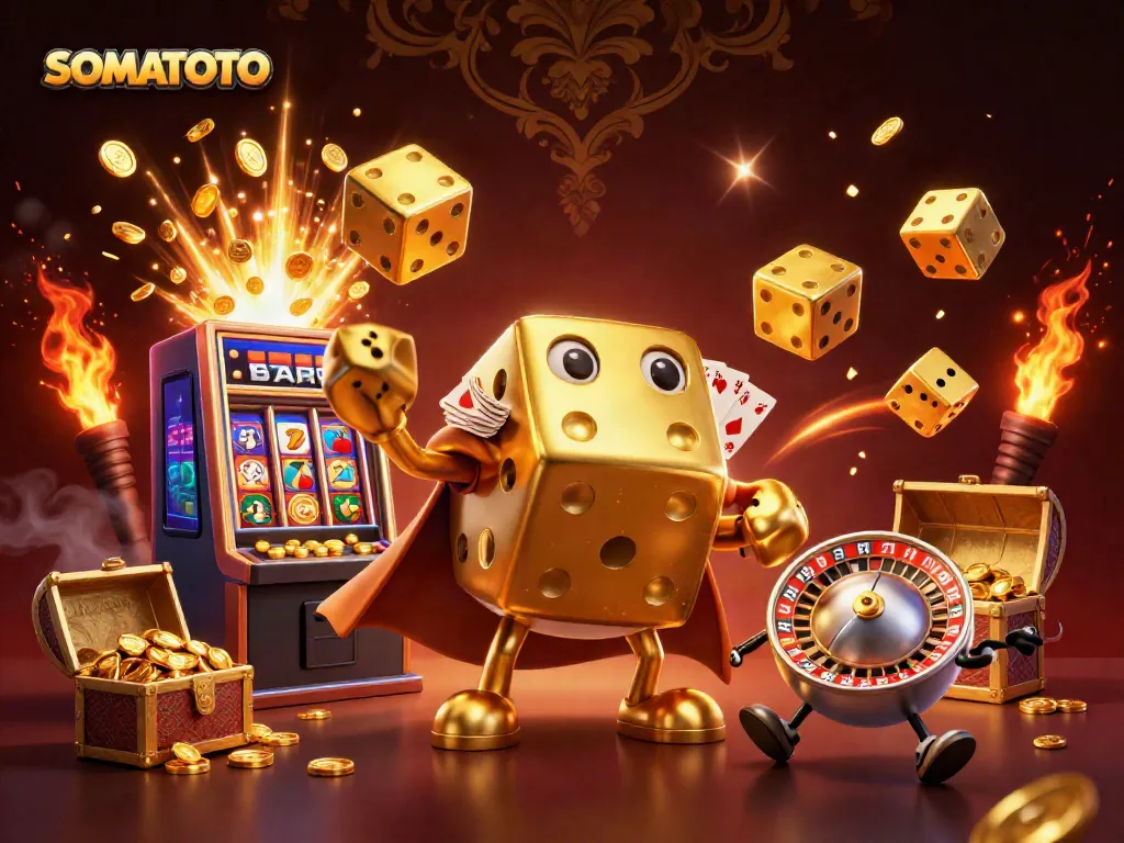 Engaging SOMATOTO casino scene with golden dice, slot machine, and festive elements.