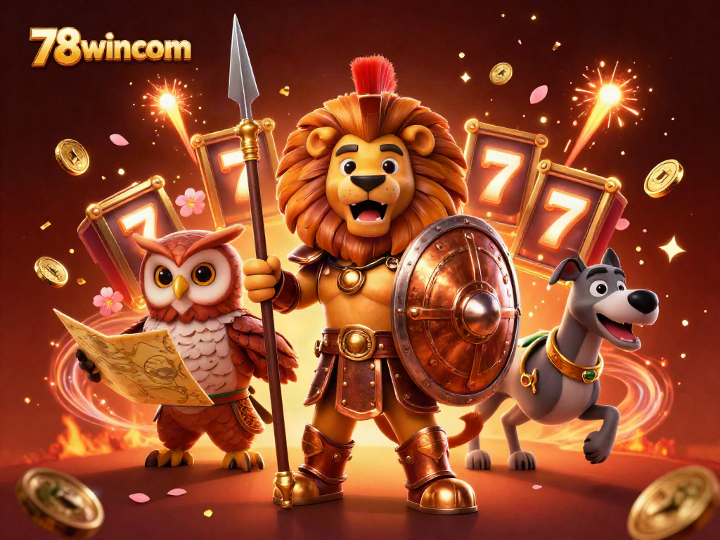 Experience the thrilling atmosphere of 78wincom's casino world, featuring dynamic slot action and vibrant characters.