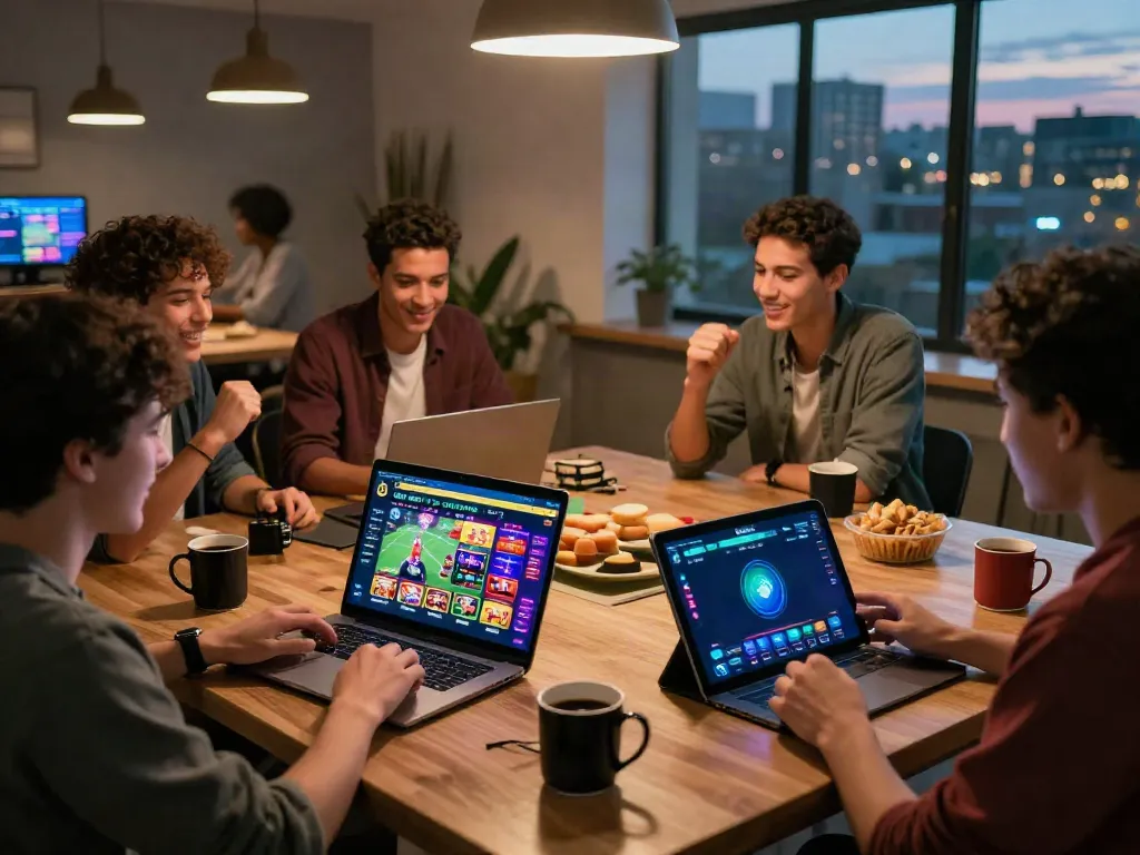 Users enjoying DA88 gaming on multiple devices, showcasing excitement and interaction on 1da88.it.com.