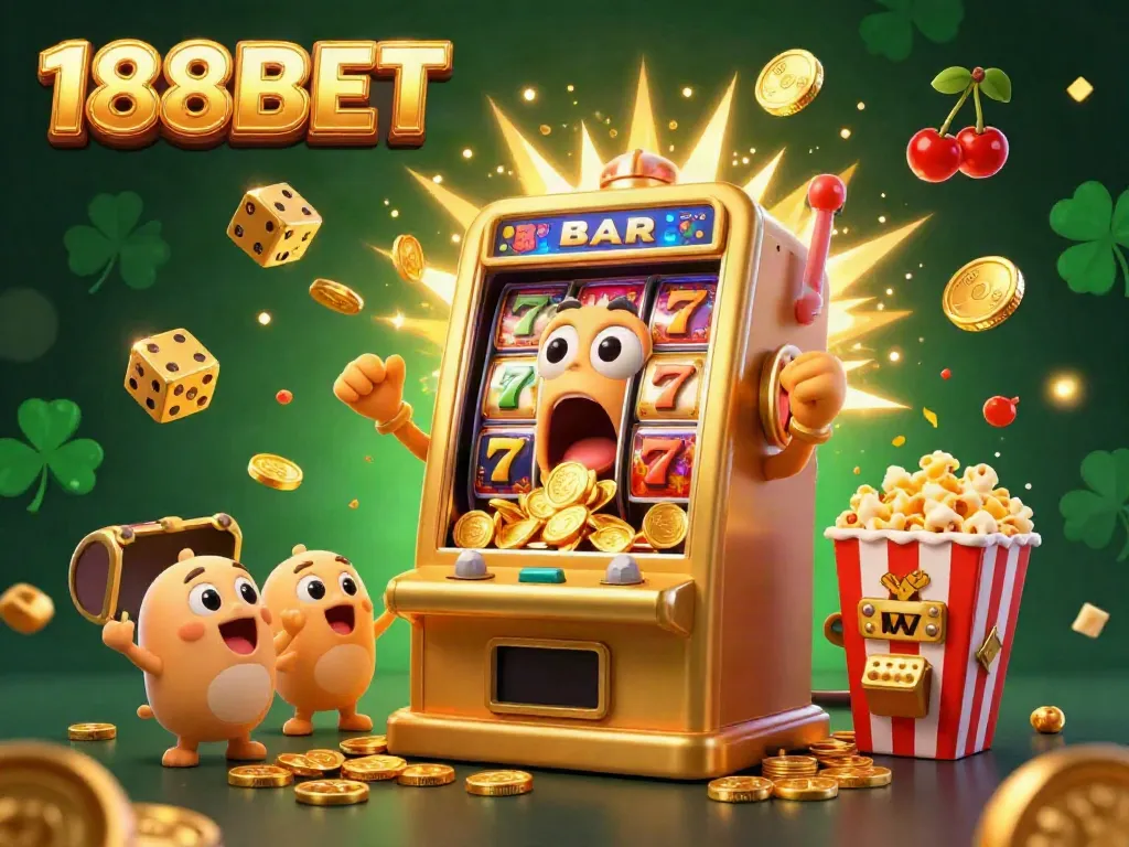 Experience the excitement of winning with 188BET's golden slot machine hitting the jackpot, surrounded by festive casino elements.