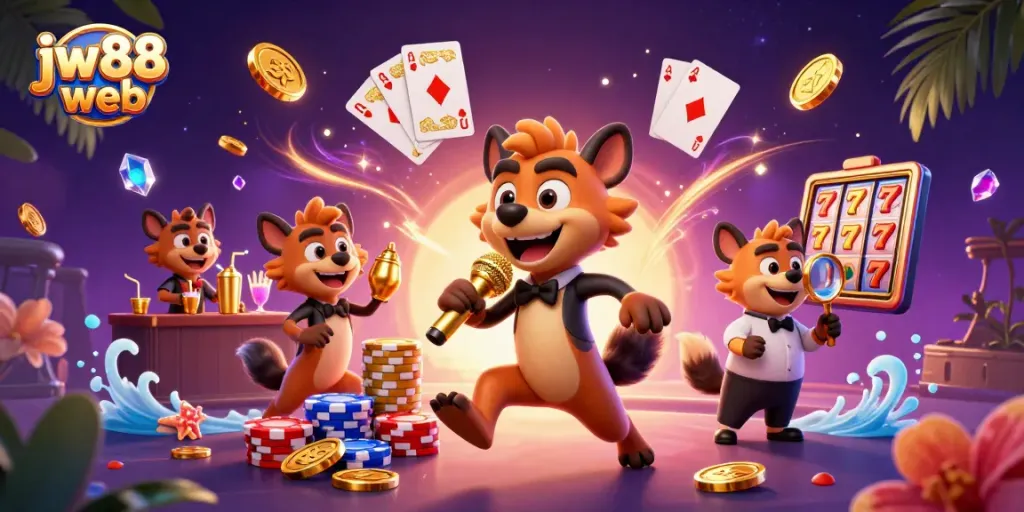 Experience fun at jw88 web with lively hyenas in a comedic casino scene.