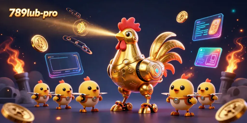Experience the excitement of 789lub-pro with a vibrant cosmic casino scene featuring a golden rooster robot and crypto elements.