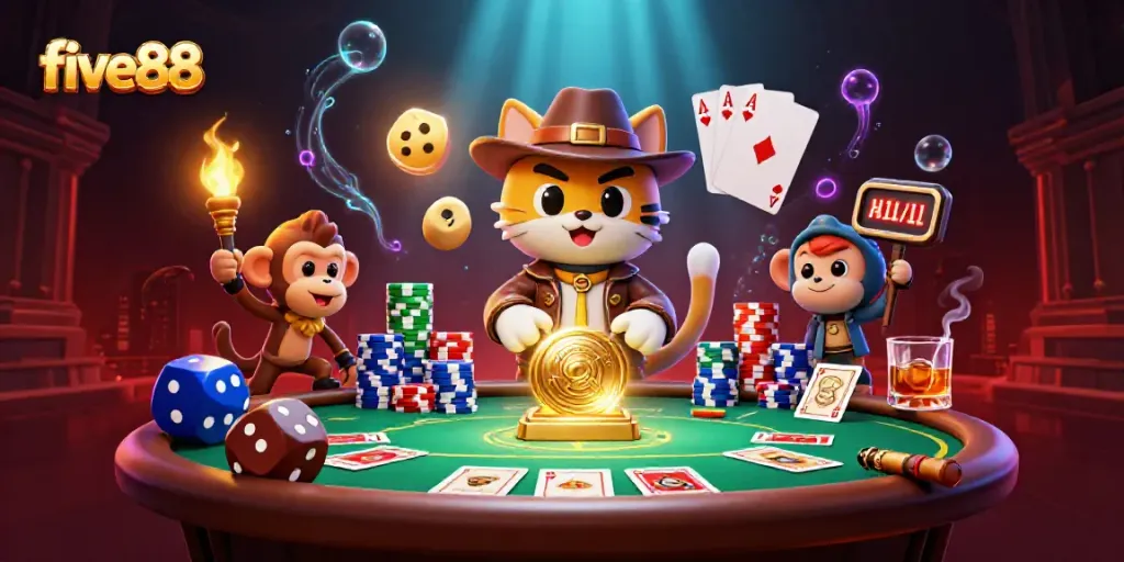 Experience the vibrant five88 casino atmosphere with cartoon characters discovering treasure.