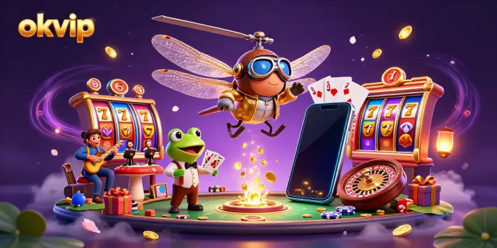 Engage with thrilling okvip gaming, featuring a dynamic dragonfly pilot and frog dealer amidst vibrant slot machine reels.