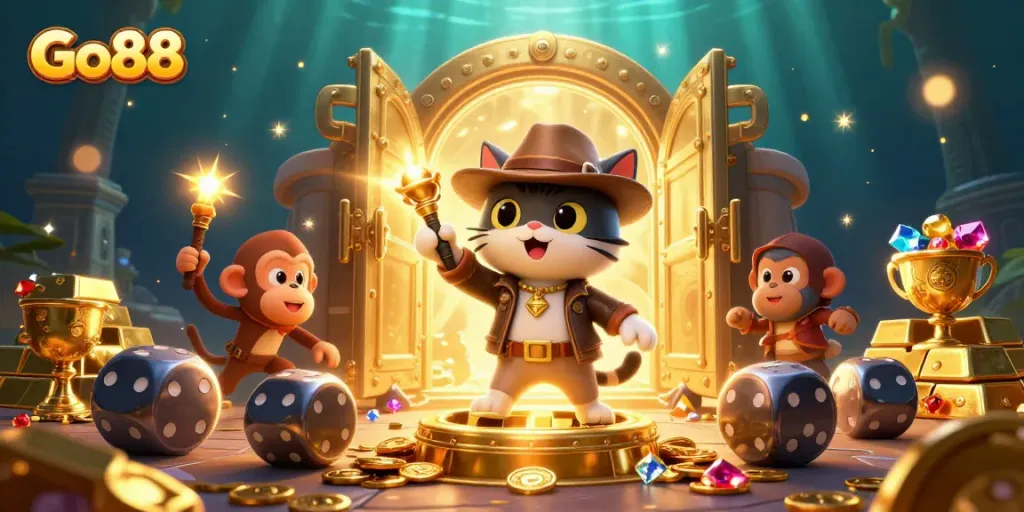 Engage with Go88's vibrant casino adventure, featuring an archaeologist cat and treasures.