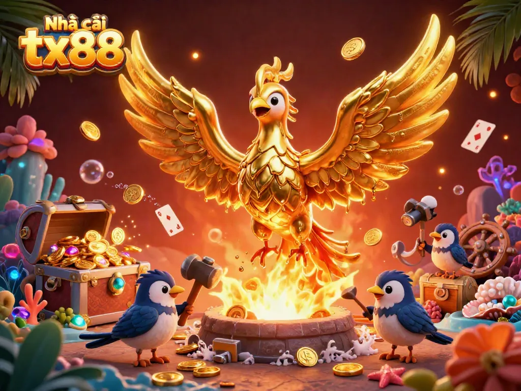 Engage with Nhà cái tx88's casino adventure featuring a golden phoenix, gold coins, and vibrant game elements.