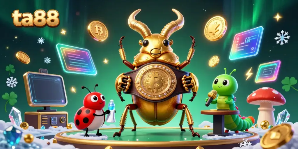 Experience thrilling gaming action at TA88 with vibrant 3D characters and crypto elements in a rich casino scene.