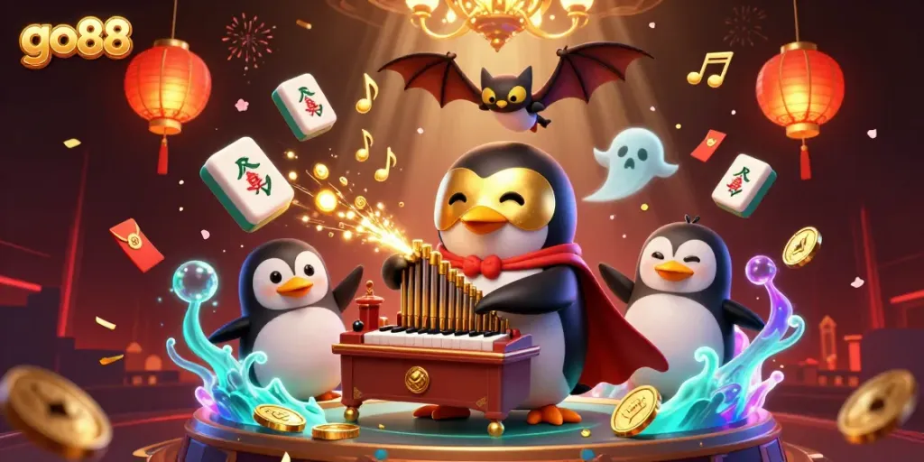 Spin and win with go88 as the phantom opera penguin enchants with golden coins scattered in a vibrant scene.